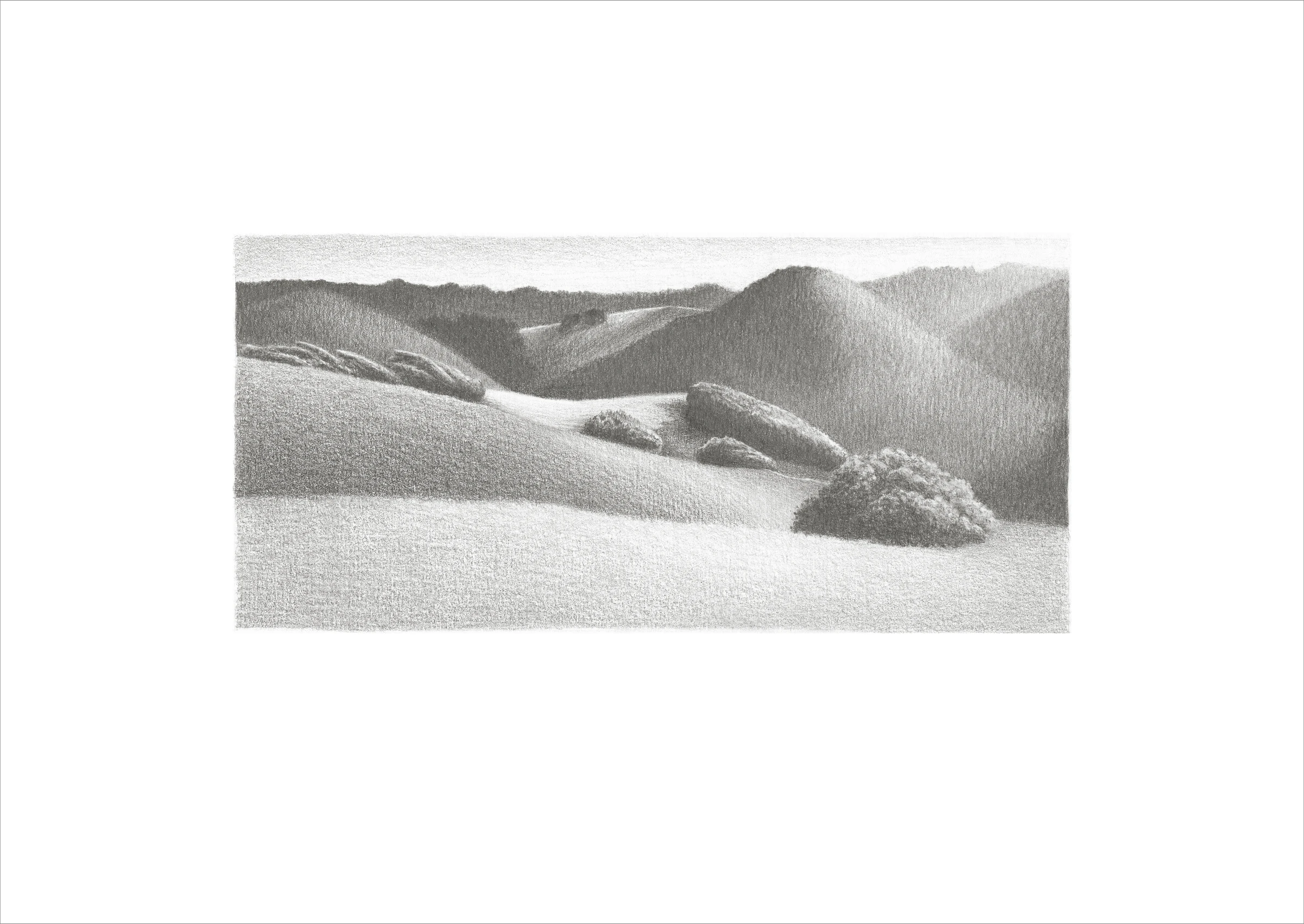 A monochrome drawing of sunlit rolling hills, rocks, and low shrubs.