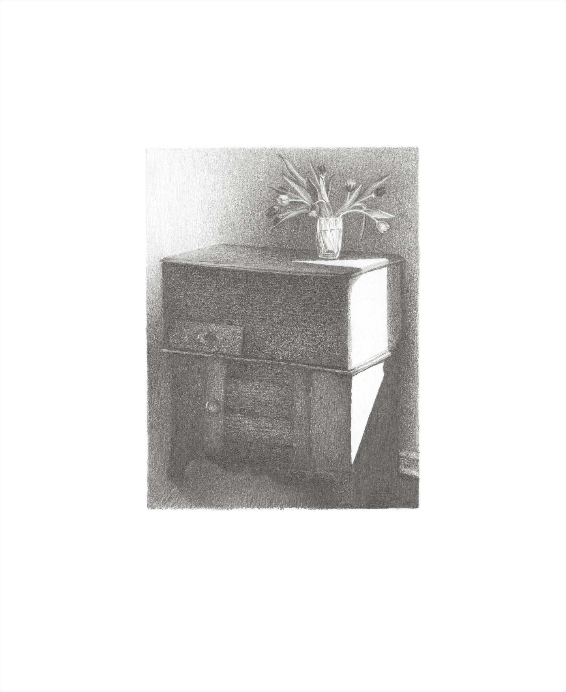 A monochrome drawing of flowers in a glass on a wooden cabinet, with sunlight across one side.