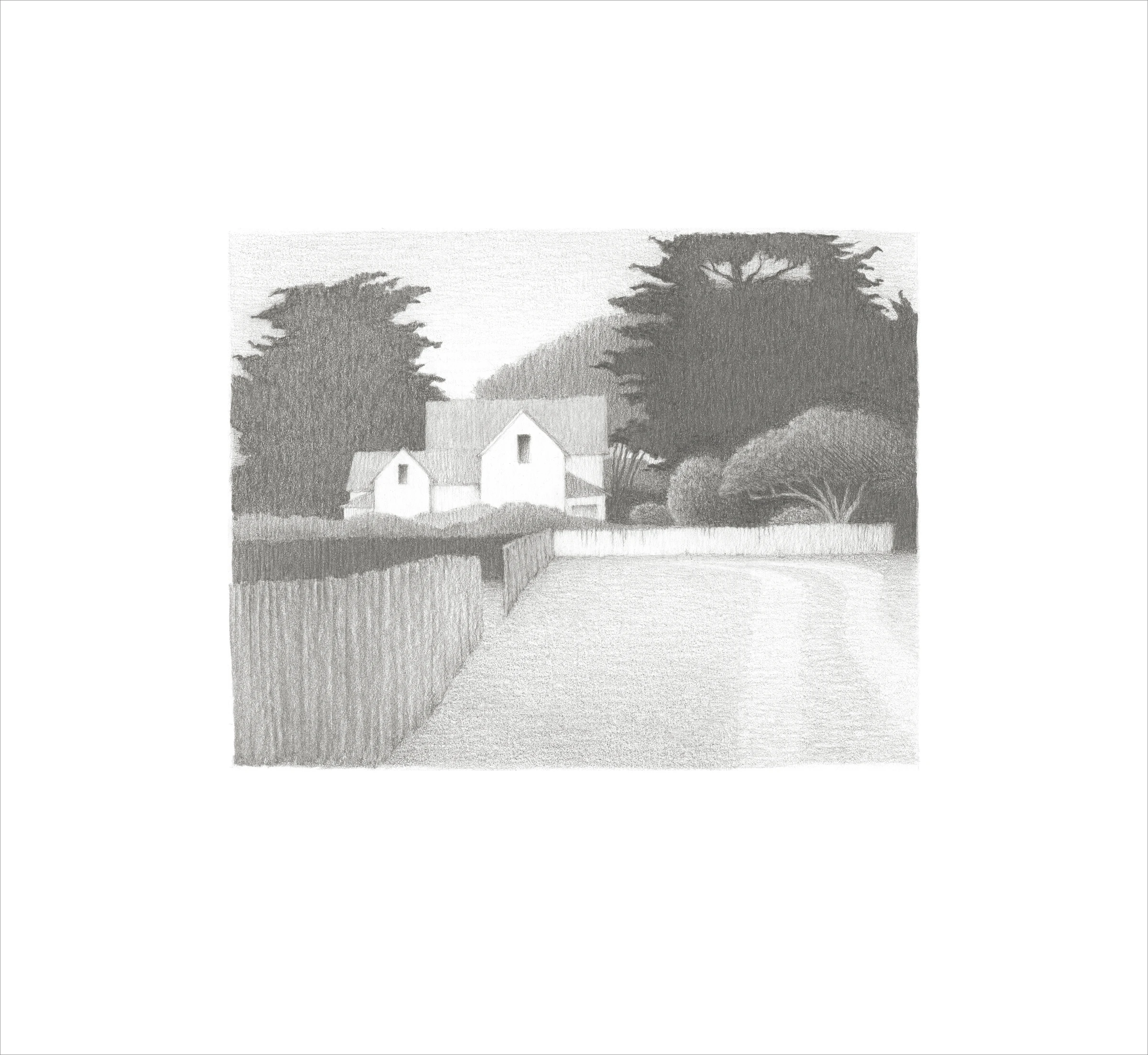 A monochrome drawing of white houses surrounded by dark, wind-shaped trees and low garden walls.